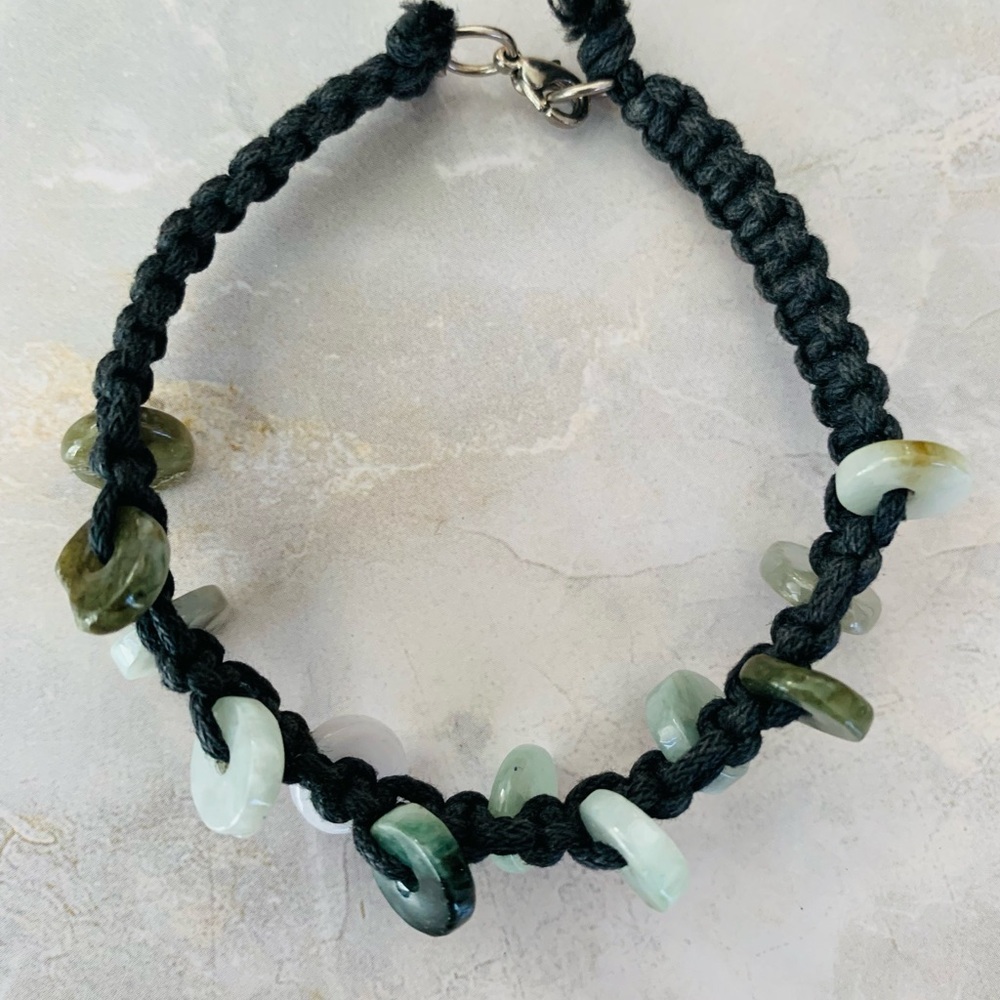 Green Jade Discs Braided Black Cord Bracelet